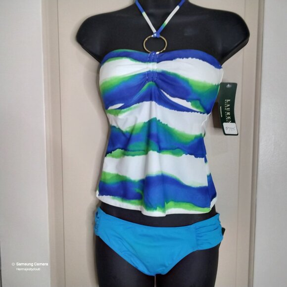 Ralph Lauren Blue & White Padded Bra O-Ring Halter Tie Tankini & Bikini BNWT Sm